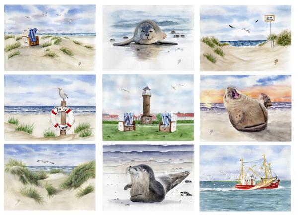 Poster DIN-A3  Aquarell Maritim Kunst Druck Kunstdruck Nordsee Strandkorb Leuchtturm Insel Juist Meer Strand Dünen